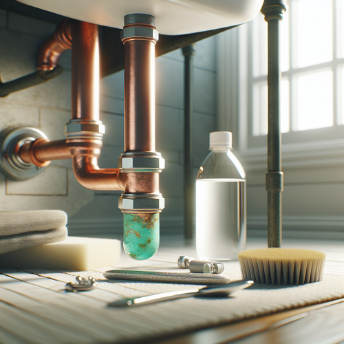 Tuyau de cuivre sous évier avec vert de gris, éponge, brosse et vinaigre blanc pour l'entretien