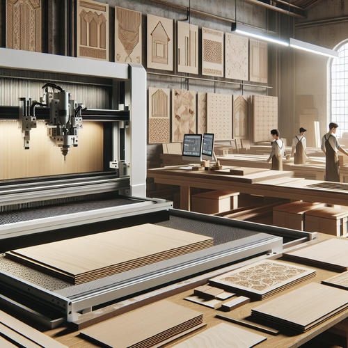 Atelier de menuiserie moderne robotisé, fusion entre tradition et technologie, machines CNC et artisans travaillant sur du placage bois