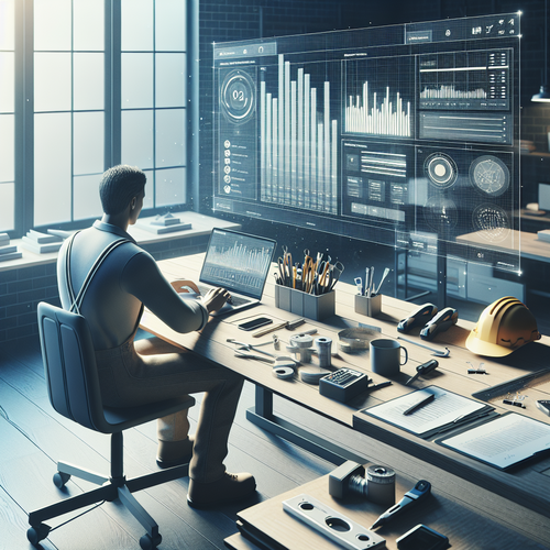 Un artisan du bâtiment assis à un bureau lumineux, utilisant un ordinateur portable pour consulter le tableau de bord numérique d'une plateforme dédiée, avec autour de lui des outils de travail, quelques documents bien rangés, et un téléphone posé à côté. L'ambiance met en valeur la simplicité et l'organisation, suggérant une gestion efficace des tâches administratives dans un décor professionnel moderne.