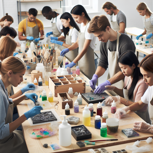 Scène d’atelier formation résine époxy, créateurs de tous âges autour d’objets colorés