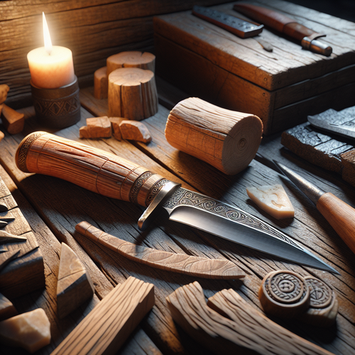 Couteau viking traditionnel sur bois rustique avec éléments nordiques quotidiens
