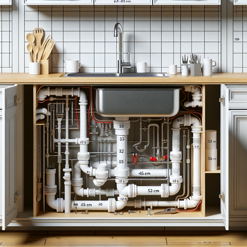Schéma technique d'une installation de plomberie sous évier de cuisine moderne, meuble ouvert, siphon accessible, tuyau d'évacuation en PVC, pente visible, indications de hauteur