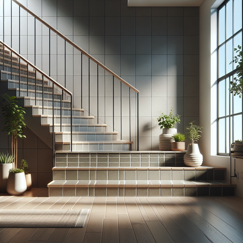 Un escalier moderne intérieur équipé de nez de marche en carrelage, bien mis en valeur par une lumière douce naturelle. Le carrelage présente un contraste subtil avec le reste de la marche pour souligner la sécurité et le design. Des objets de décoration comme des plantes en pot et un tapis discret accentuent l'atmosphère accueillante, tandis qu'une rampe en métal et bois apporte une touche contemporaine à l'ensemble.