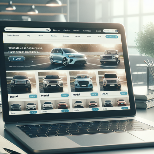 Une page d'accueil de plateforme automobile moderne, claire et intuitive, où l'on voit un ordinateur portable affichant une interface d'annonces de voitures d'occasion. L'écran montre plusieurs vignettes de voitures propres, classées avec des filtres visibles sur le côté (marque, modèle, prix). L'ambiance est lumineuse et professionnelle, l'ensemble évoque la simplicité de navigation et l'expérience numérique ; dans le décor, quelques plantes ou objets de bureau soulignent le côté quotidien et accessible.