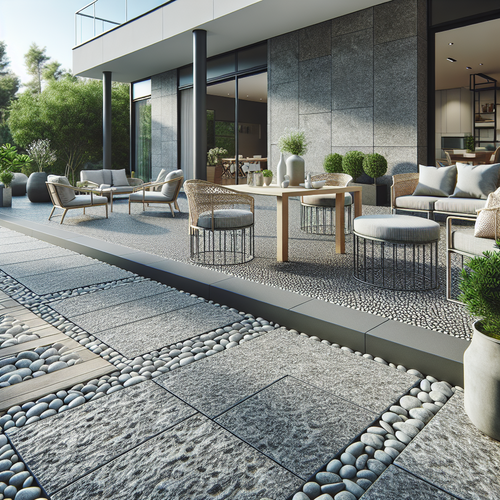 Une terrasse extérieure moderne recouverte d'une moquette de pierre, mettant en avant la texture minérale du revêtement, entourée de mobilier de jardin contemporain et de quelques plantes en pot. L’ambiance est lumineuse, propre et accueillante, illustrant l’aspect élégant, résistant et polyvalent de la moquette de pierre, sans présence de personnes.