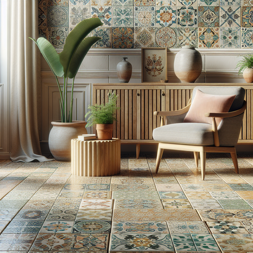 Sol recouvert d'anciens carreaux de ciment aux motifs géométriques et floraux dans un intérieur lumineux