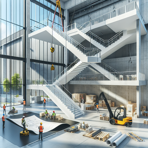 Installation moderne d’un escalier béton préfabriqué sur chantier, grue et ouvriers présents — lignes sobres, lumière naturelle