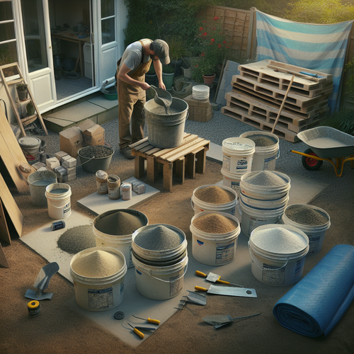 Chantier domestique avec personne mesurant des matériaux pour béton à l'aide d'un seau de 10 litres. Tas de ciment, sable et gravier bien séparés, outils de bricolage en arrière-plan.