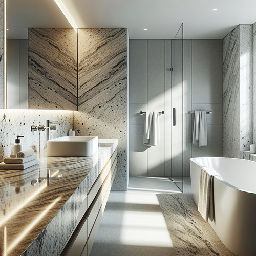 Vue d'une salle de bain moderne, lumineuse et élégante, avec des surfaces en granit lisse et veiné autour du plan de vasque et du rebord de baignoire ; déco épurée, serviettes pliées, robinetterie contemporaine et lumière naturelle mettant en valeur la texture du granit, ambiance chic et intemporelle.