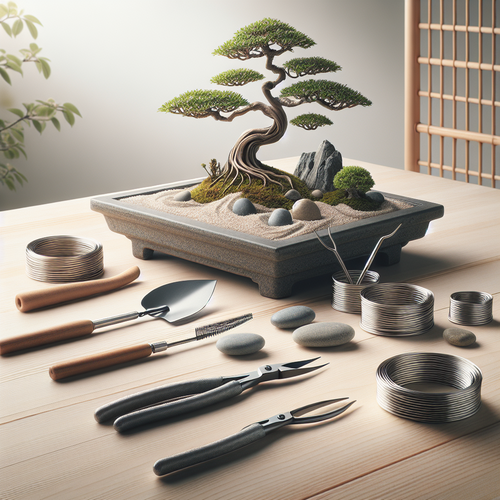 Outils essentiels pour bonsaï zen garden disposés sur un plateau sable avec ciseaux, pinces, grattoir à racines, râteau, fil d’aluminium et pelle miniature devant un bonsaï taillé, ambiance paisible et lumineuse.