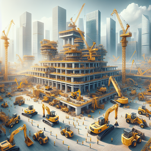 Vue panoramique sur un vaste chantier international animé, où des machines de construction jaunes de la marque XCMG sont en action, incluant grues, pelleteuses et chargeuses.