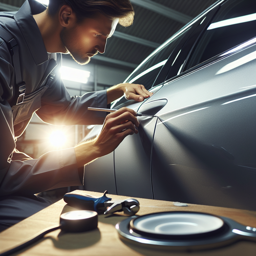 Un professionnel du débosselage travaille méticuleusement sur la carrosserie d'une voiture dans un atelier bien éclairé, utilisant un fin outil métallique pour effacer une petite bosse sur une portière.