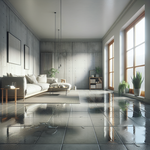 Intérieur lumineux avec sol carrelé montrant des taches d’humidité et de légères flaques d’eau