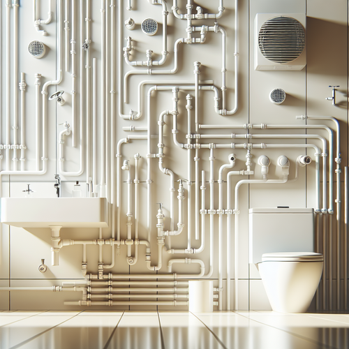 Salle de bains moderne avec réseau de plomberie, évents de ventilation apparents, ambiance propre et rangée