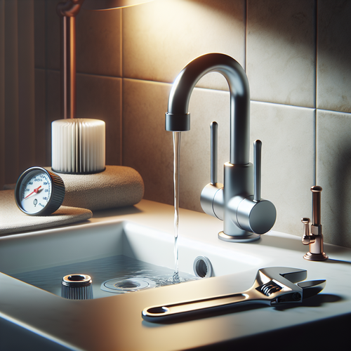 Une salle de bain moderne, robinet ouvert laissant couler un filet d'eau très faible dans un lavabo, outils pour diagnostiquer la pression d'eau