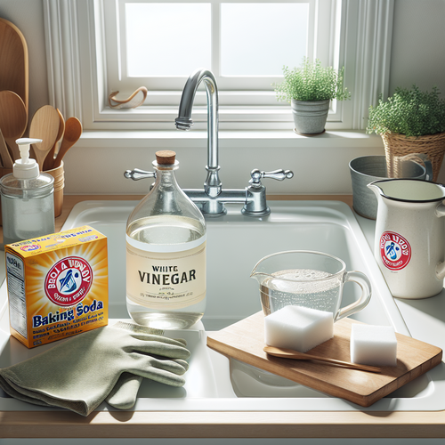 Évier avec bicarbonate de soude et vinaigre blanc prêts pour le nettoyage écologique