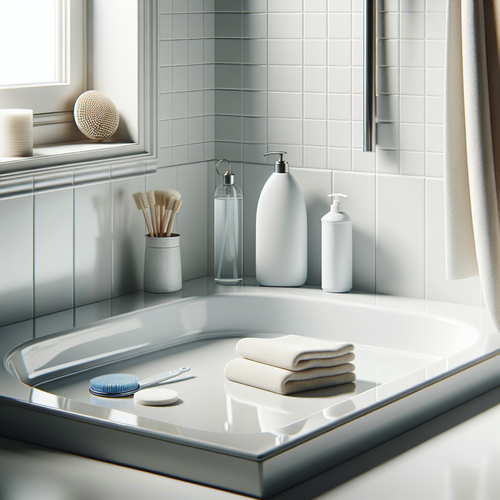 Une salle de bain lumineuse avec un receveur de douche blanc en résine, parfaitement propre, avec à côté une microfibre, une bouteille de liquide vaisselle doux et un flacon de vinaigre blanc. L'ambiance est épurée, moderne, et rassurante, mettant en valeur la brillance et la simplicité du nettoyage ; aucun personnage n'apparaît dans la scène.