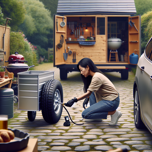 Vérification de la pression d’un pneu de remorque à côté d’une voiture sur une allée pavée, ambiance pratique et rassurante