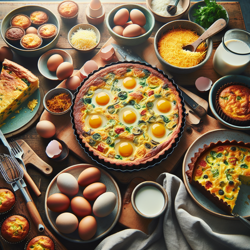 Une table conviviale remplie de plats salés à base d'œufs : omelette garnie, cake salé tranché, muffins dorés, gratin, quiche sans pâte, des œufs et des ingrédients frais et colorés.