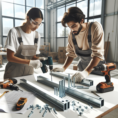 Deux personnes assemblant des poutres IPN à l'aide de boulons et de connecteurs dans un atelier lumineux, sécurité et modularité, aucun appareil de soudure visible.