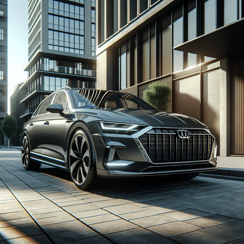 Une voiture moderne garée en extérieur, carrosserie gris anthracite RAL 7016, ambiance urbaine chic, reflets métallisés.