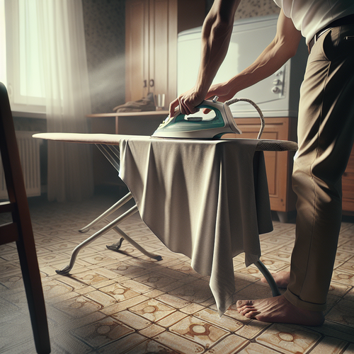 Réparation lino enfoncé avec un fer à repasser et un chiffon humide dans une pièce lumineuse