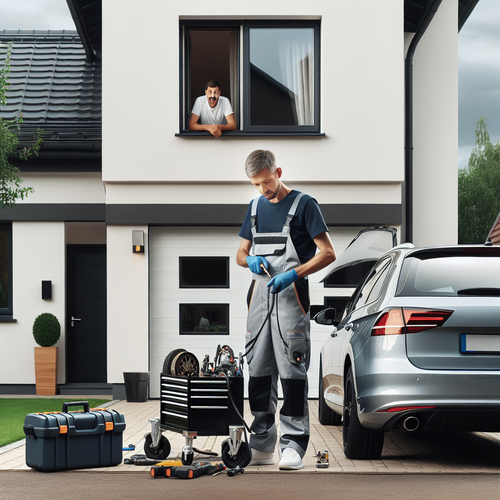 Un technicien automobile intervenant à domicile sur un parking résidentiel moderne