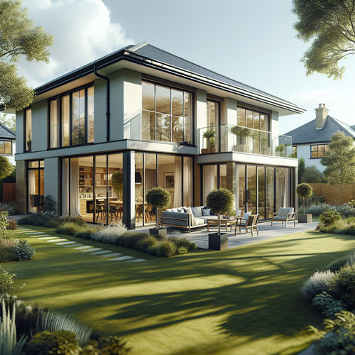 Une maison moderne à quatre chambres, vue extérieure en journée. Jardin bien entretenu, de grandes baies vitrées laissent entrer la lumière. Ambiance chaleureuse et conviviale, terrasse aménagée, arbres et espaces verts autour, le tout dans un quartier résidentiel calme.