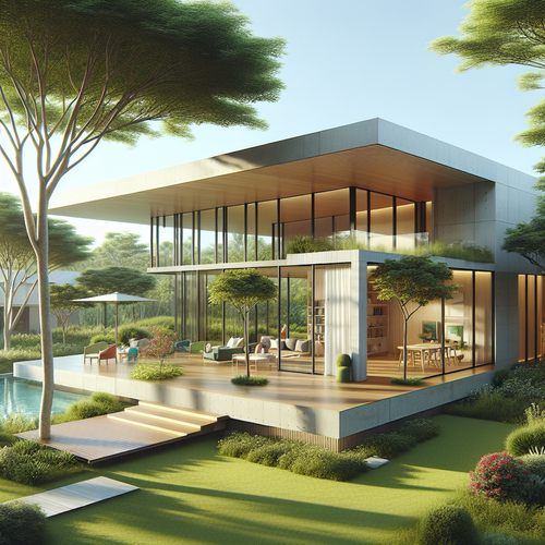 Vue aérienne d'une maison contemporaine de plain-pied en forme de U, entourée de végétation, avec un jardin central arboré et une grande terrasse