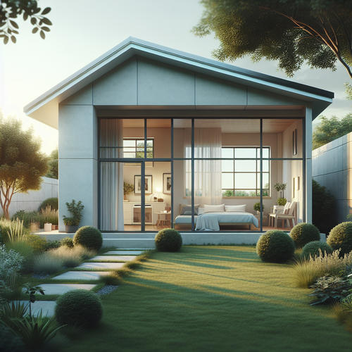 Une maison moderne de plain-pied avec deux chambres, vue extérieure sous une lumière douce de fin d'après-midi. Le jardin est bien entretenu, des baies vitrées laissent entrevoir un espace de vie ouvert et lumineux.