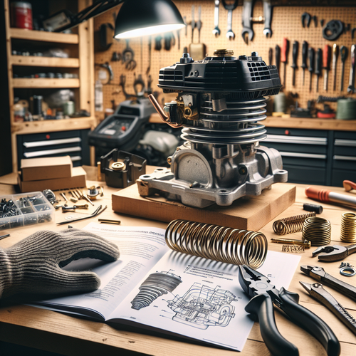 Un établi de bricolage bien éclairé avec un moteur de tondeuse Briggs & Stratton partiellement démonté, ressort régulateur mis en valeur, outils à main, manuel et schéma technique.