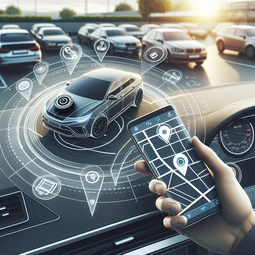 Une voiture moderne garée sur un parking, vue de trois quarts, avec un petit dispositif Trackr visible sur le tableau de bord. Sur le côté, une main tient un smartphone affichant une carte avec la position de la voiture matérialisée par une icône GPS. L’ensemble dégage une ambiance rassurante et technologique, avec des éléments visuels évoquant la simplicité d’utilisation, la précision du suivi et la sécurité. Arrière-plan sobre, objets quotidiens comme un sac de courses ou une tasse de café posés dans la voiture.